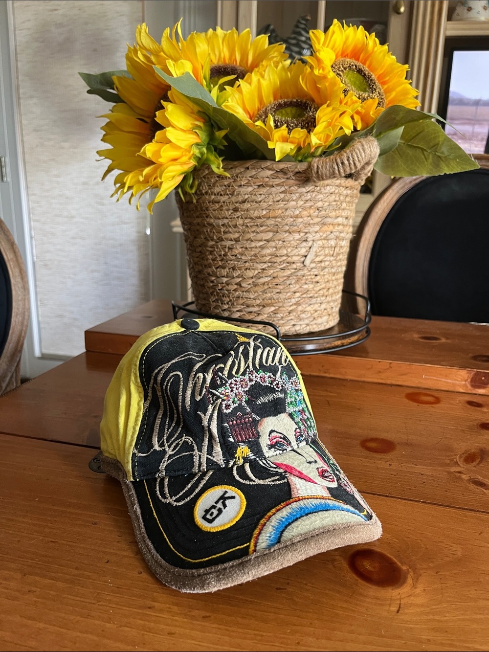 Christian Audigier Yellow and Black Embroidered Graphic Baseball Cap